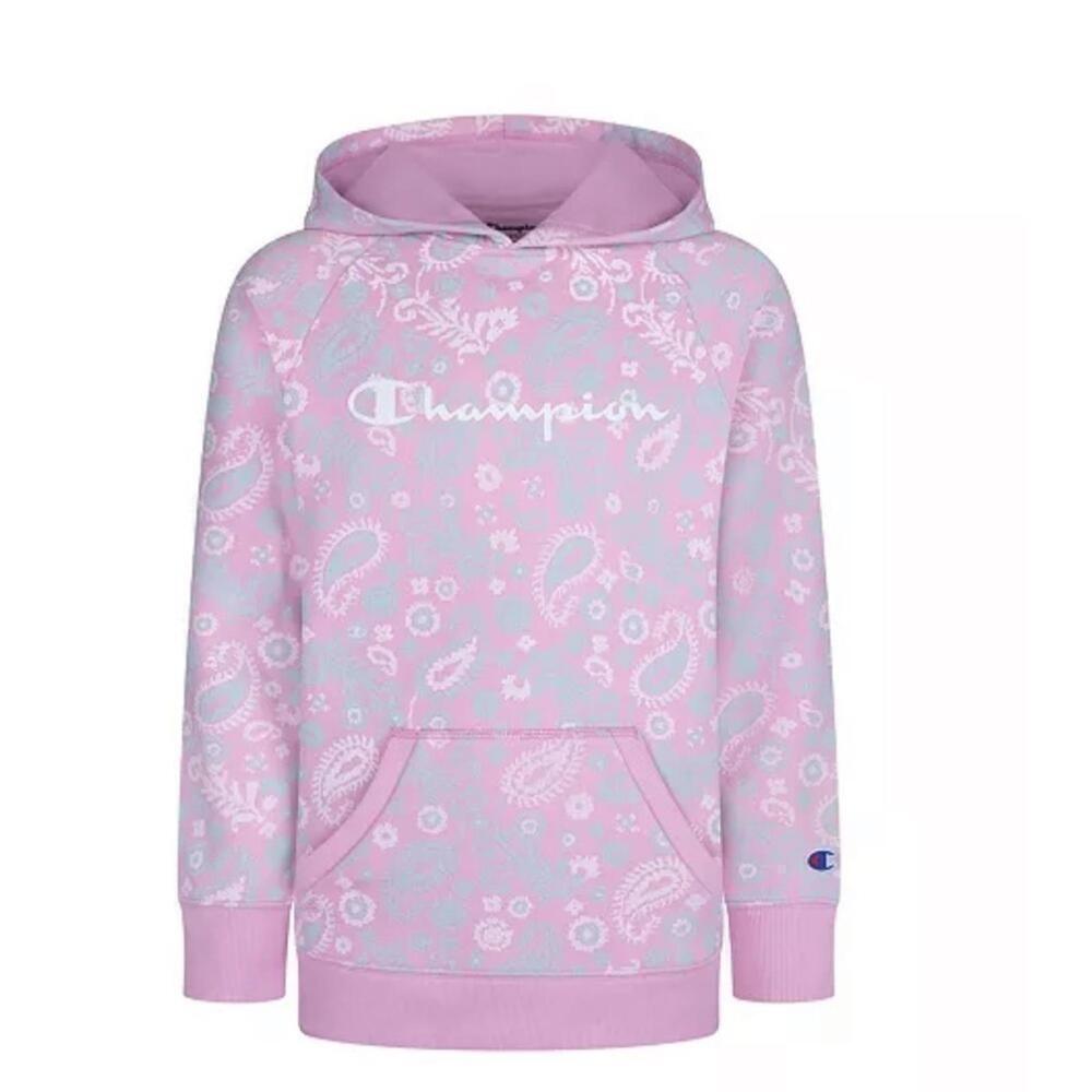 New CHAMPION Big Girls Paisley Script Fleece Hoodie, pink Medium